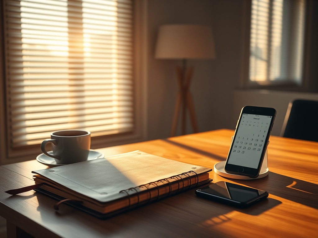 A cinematic wide shot of a minimalist Scandinavian workspace bathed in golden morning light, a leather-bound notebook open on a walnut desk, a steaming espresso cup, and a sleek smartphone showing a calendar app. Soft shadows from venetian blinds. 8k, photorealistic commercial photography.