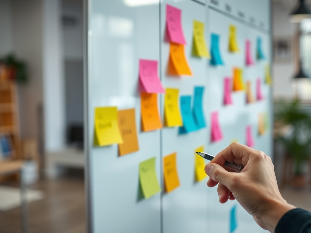 Close-up of a whiteboard with colorful sticky notes arranged in a workflow, a hand writing a new note. Blurred background of a modern studio. Shallow depth of field, 8k commercial.
