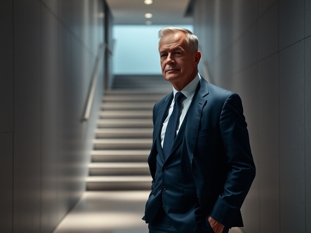 Three-quarter shot of a senior executive man in a tailored navy suit, one hand in pocket, standing in a minimalist hallway with floating stairs. Dramatic side lighting, high contrast. 8k commercial photography.