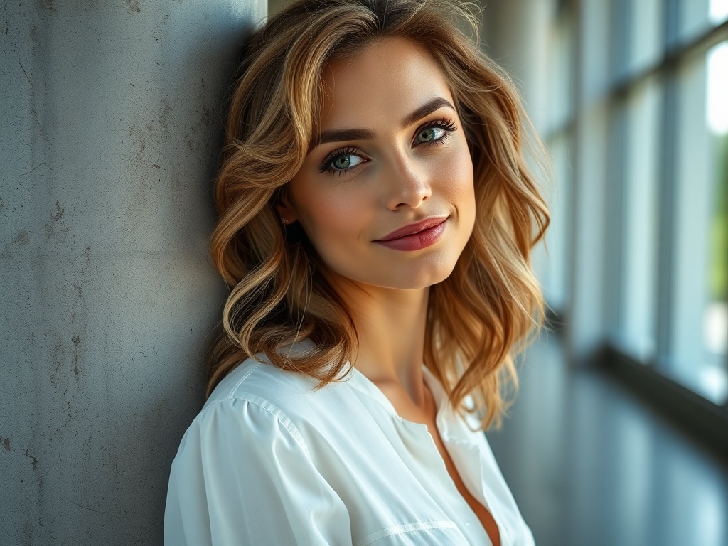 Close-up of a woman in her 30s with natural waves, a white blouse, leaning on a polished concrete pillar. Natural light from a large window, subtle smile, eyes looking forward. 8k commercial beauty lighting.