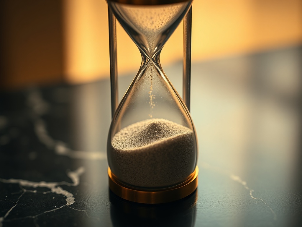 Extreme macro of a small brass hourglass with fine sand flowing, on a dark marble surface. Dramatic side lighting emphasizing texture and reflection. 8k commercial.