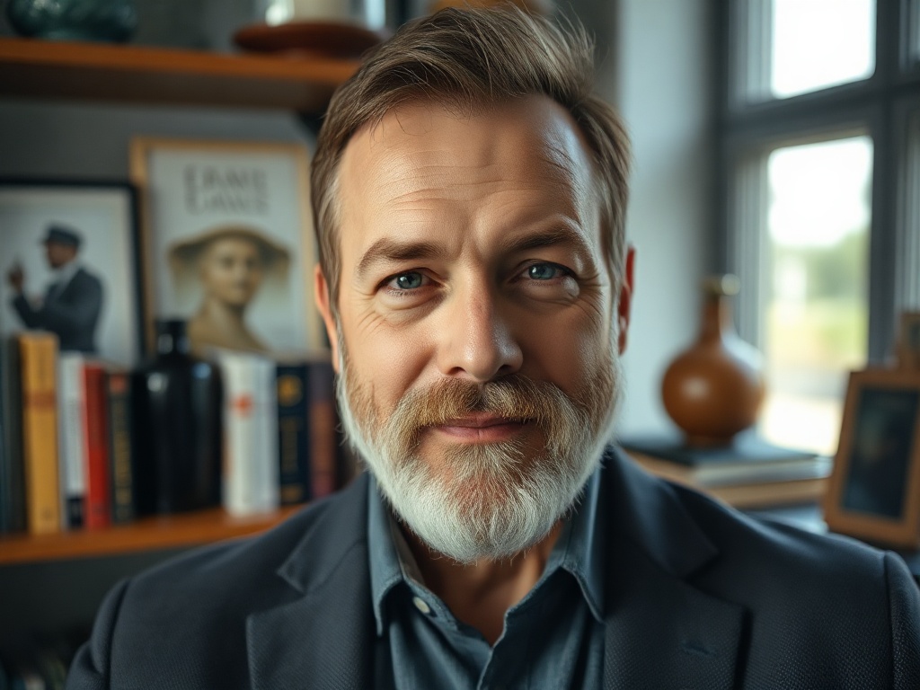 Medium close-up of a man in his 40s with a beard, wearing a casual blazer, standing in front of a bookshelf with curated objects. Soft window light on his face, confident but approachable expression. 8k commercial portrait.