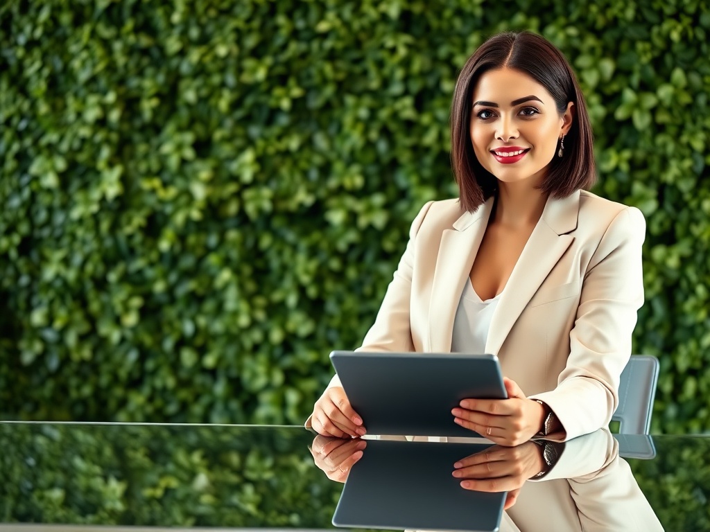Portrait of a female executive in a cream blazer, sitting at a glass desk with a tablet. Background of a green living wall. Soft, diffused light, confident posture. 8k commercial.