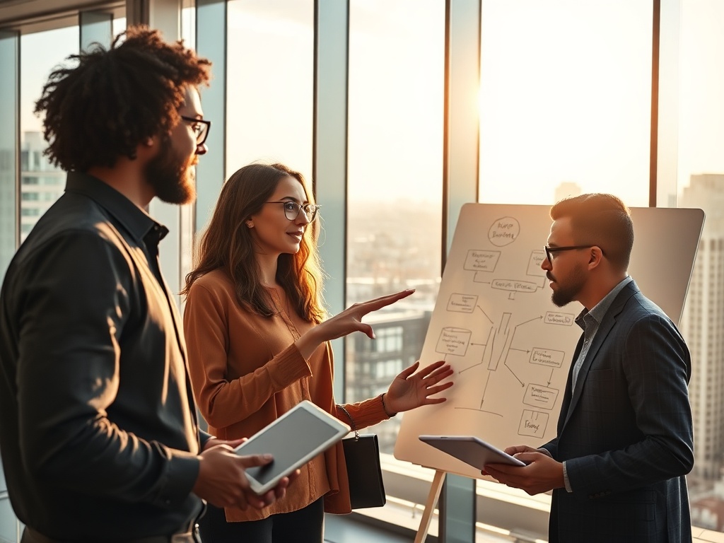 Diverse team of three entrepreneurs in a sunlit glass boardroom, one woman pointing at a whiteboard sketched with flowcharts, another man leaning forward with a tablet. Floor-to-ceiling windows overlooking a cityscape. Natural, candid expressions. 8k photorealistic.